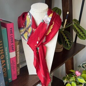 Vintage The Met Museum Silk Scarf Red Butterfly Floral Made in Japan